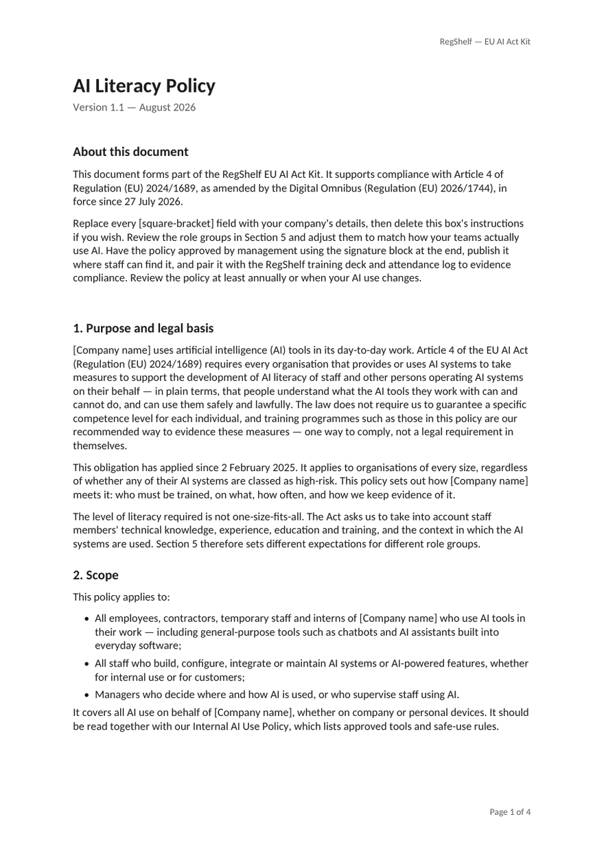 First page of 01_AI_Literacy_Policy.docx from the RegShelf EU AI Act Kit