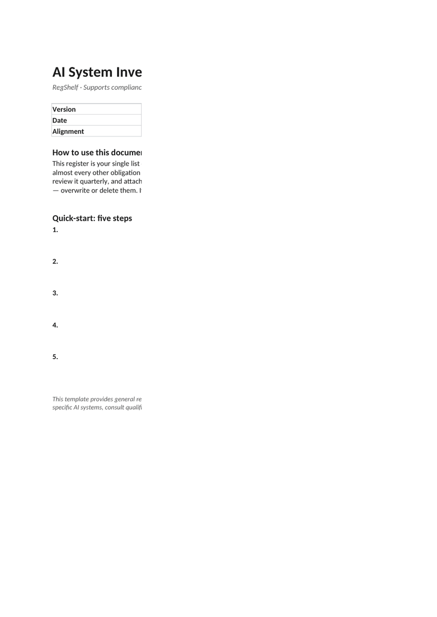 First page of 09_AI_System_Inventory_Register.xlsx from the RegShelf EU AI Act Kit