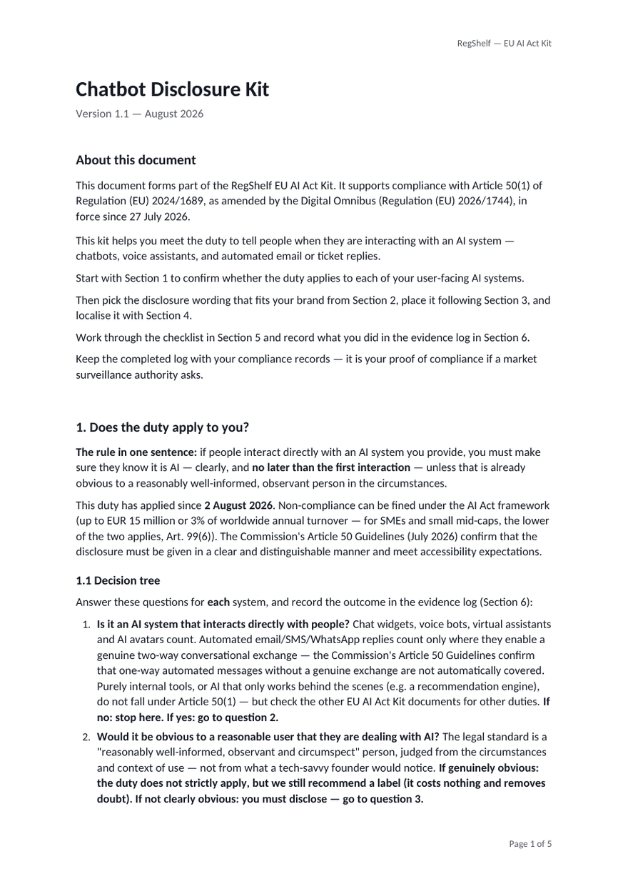 First page of 05_Chatbot_Disclosure_Kit.docx from the RegShelf EU AI Act Kit