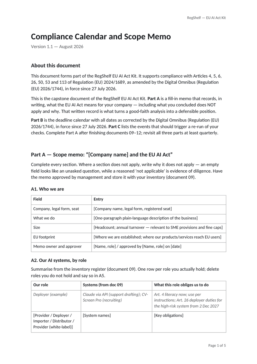 First page of 13_Compliance_Calendar_and_Scope_Memo.docx from the RegShelf EU AI Act Kit
