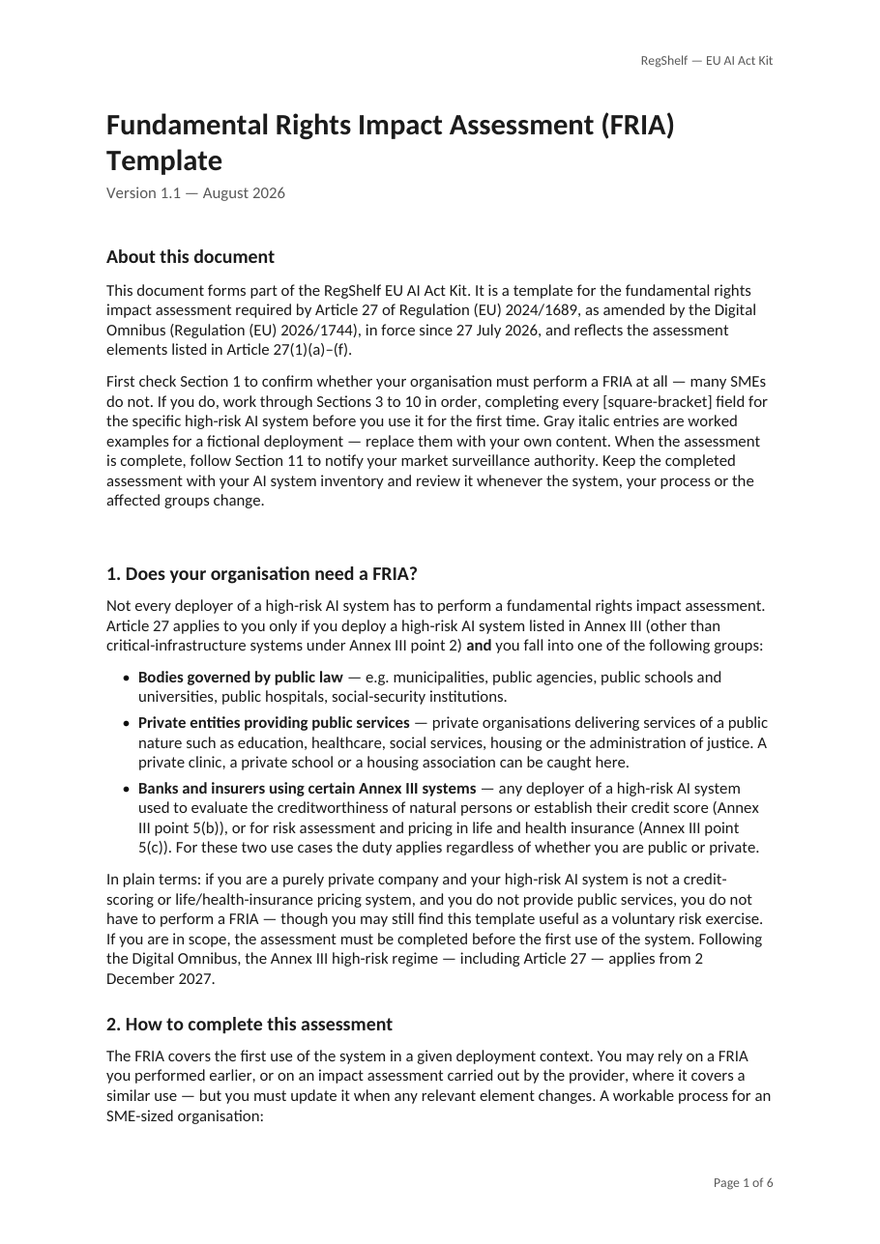 First page of 20_FRIA_Template.docx from the RegShelf EU AI Act Kit