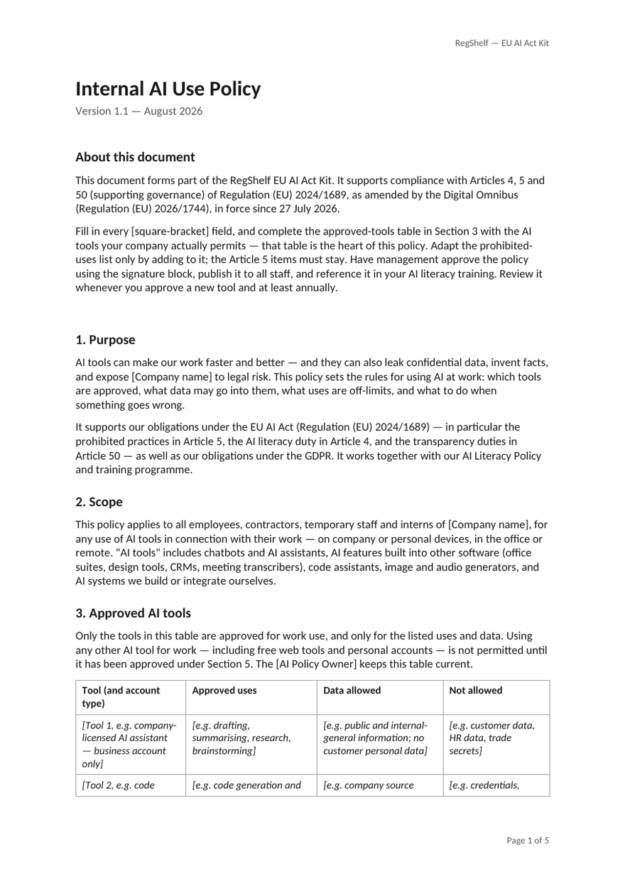 First page of 04_Internal_AI_Use_Policy.docx from the RegShelf EU AI Act Kit