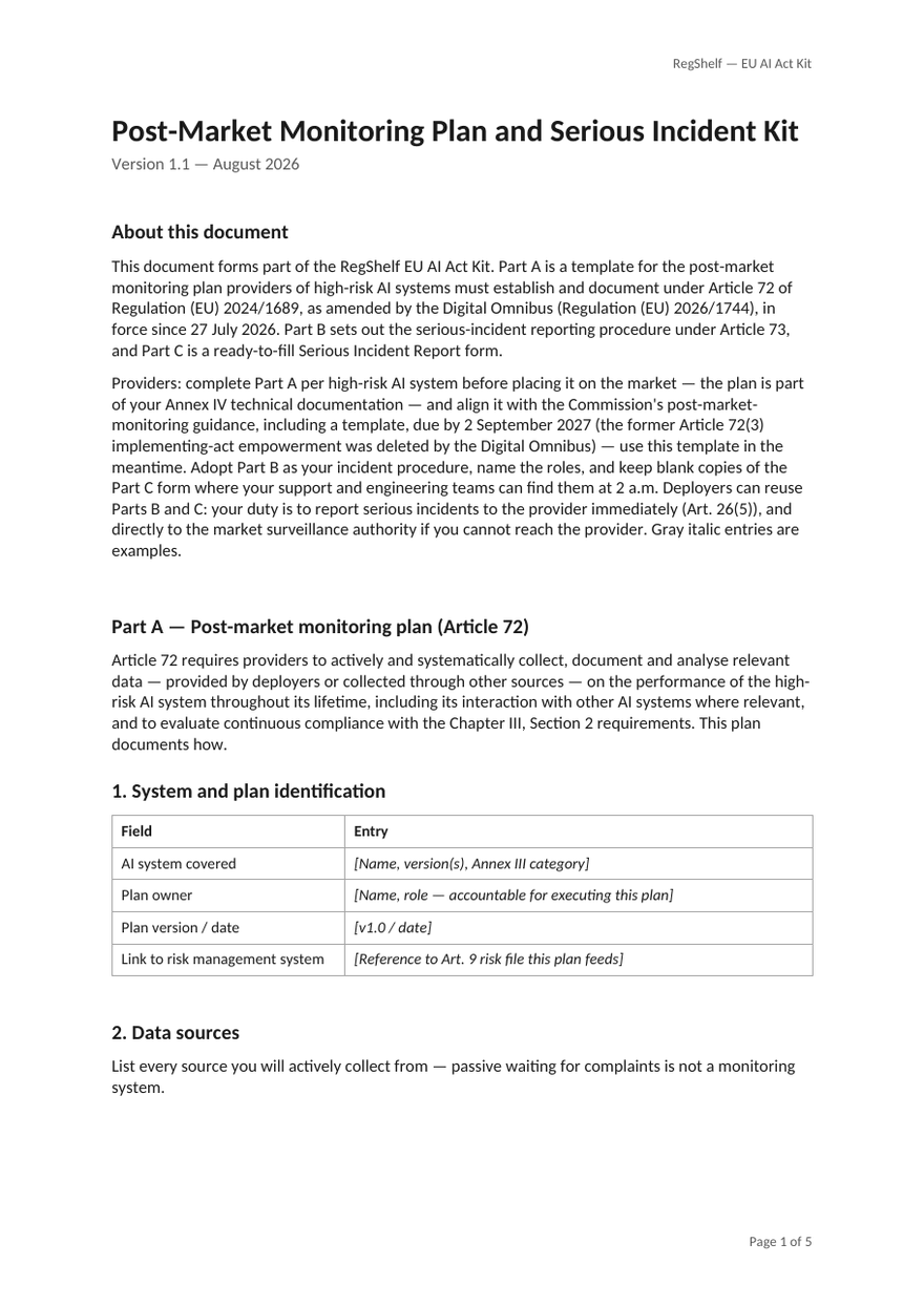 First page of 23_PostMarket_Monitoring_and_Incident_Kit.docx from the RegShelf EU AI Act Kit