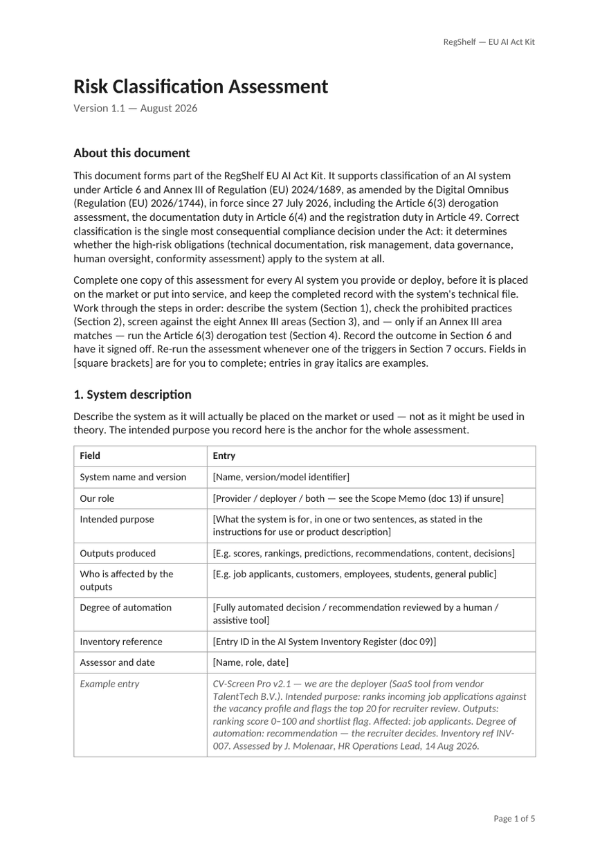 First page of 14_Risk_Classification_Assessment.docx from the RegShelf EU AI Act Kit