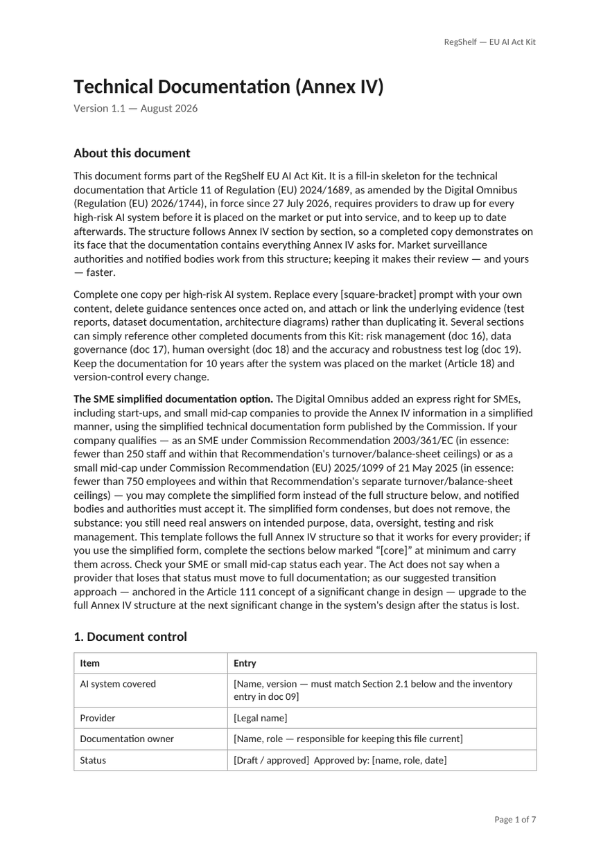 First page of 15_Technical_Documentation_AnnexIV.docx from the RegShelf EU AI Act Kit